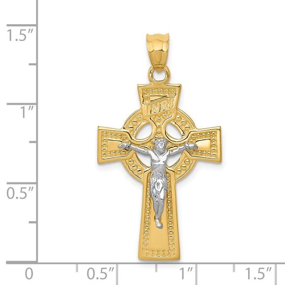 14k Two Tone Gold INRI Celtic Crucifix Pendant, 20 x 36mm - Picture 4 of 5
